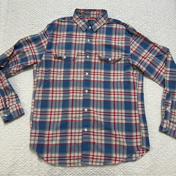 J Crew Flannel Shirt Blue Plaid Sporting Goods Button Up Men’s Size Medium - Picture 1 of 6